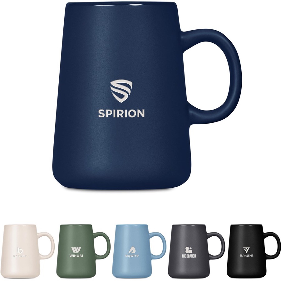 Ceramic mugs in a navy-led colour range, ready for branding
