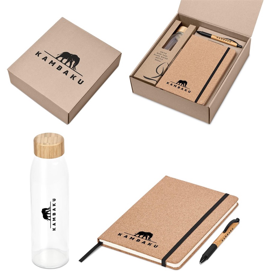 Eco corporate gift set: cork-lid bottle, notebook and pen
