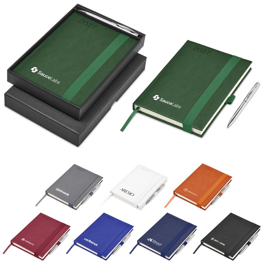 Corporate gift set: notebook and pen in a green presentation box